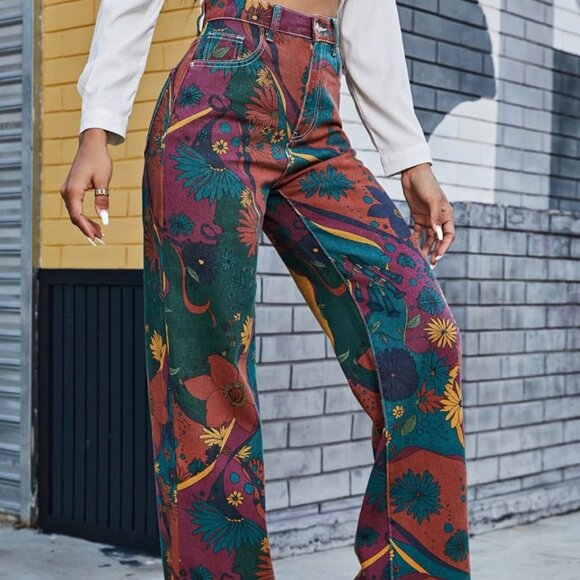 BOUTIQUE HIPPEE HARVEST RETRO FLORAL PRINT HIGH WAIST WIDE LEG JEAN - Picture 1 of 4